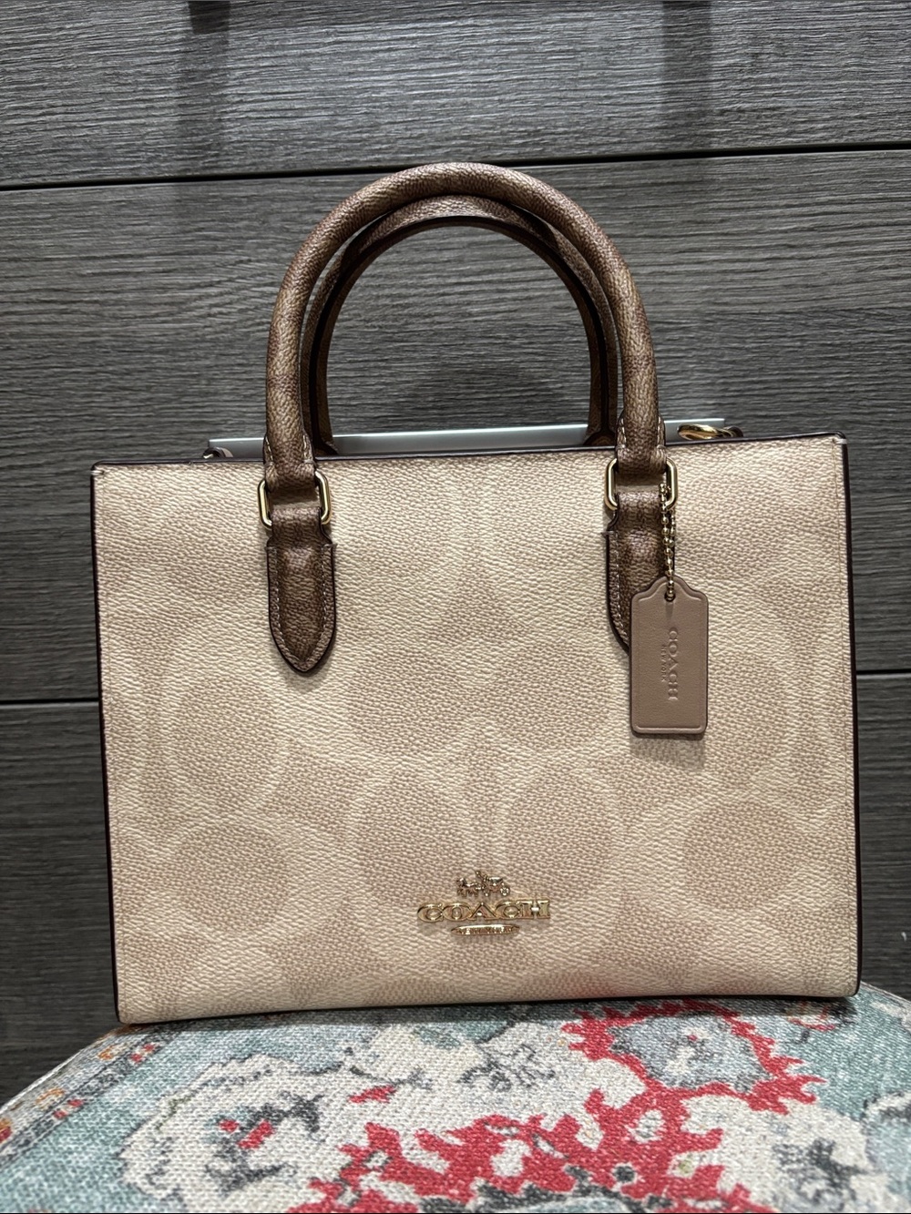 Coach Beige Signature Satchel with Brown Trim